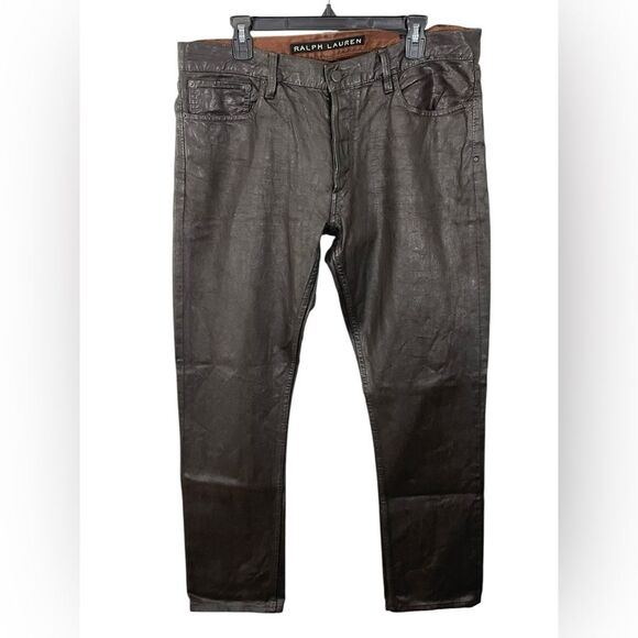 Ralph Lauren Black Label Wax Coated Slim Fit Jeans 36x32 Brown Tin Cloth Canvas - Picture 1 of 9